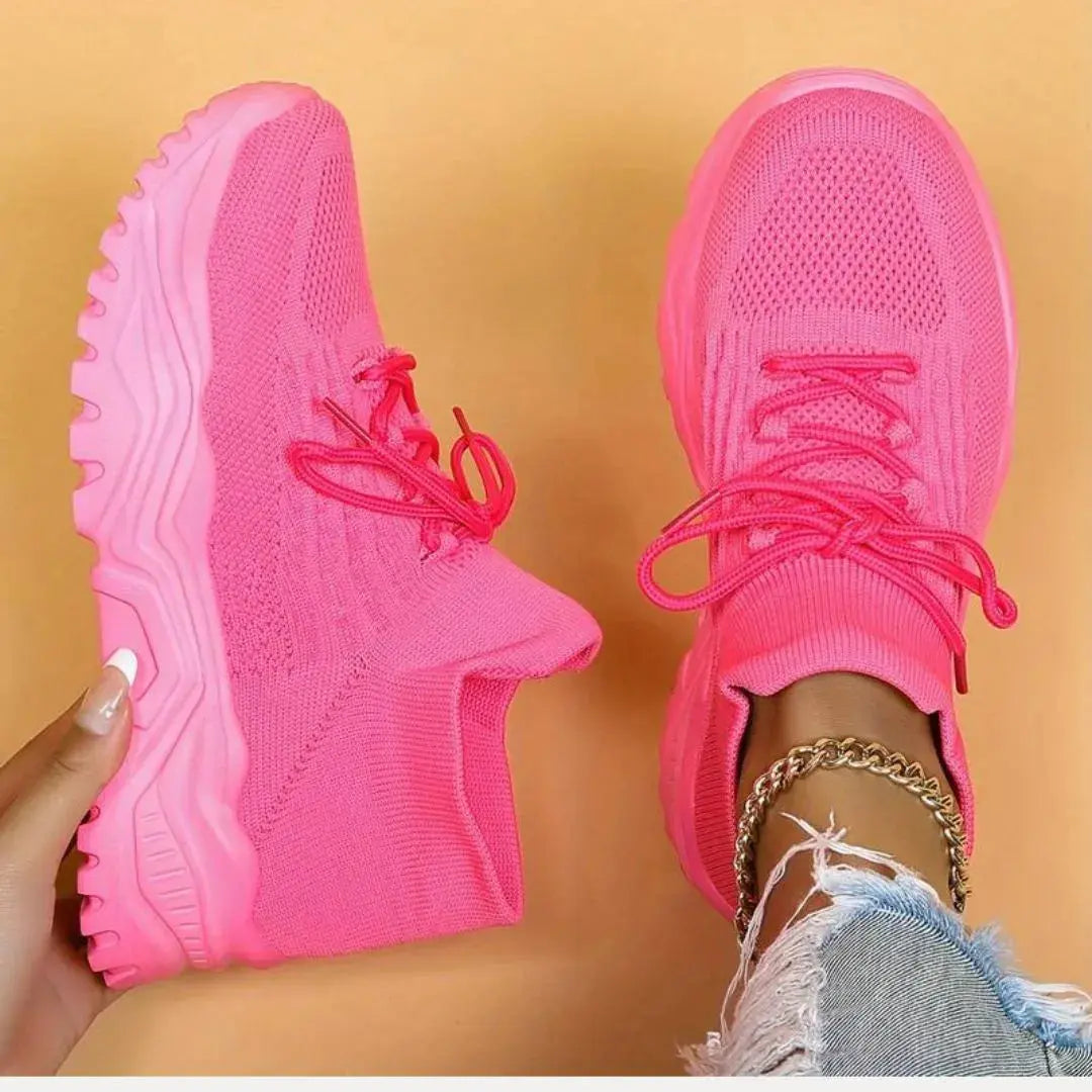 Chunky Knit Lace-Up Sneakers - Comfortable Casual Footwear for Daily Use