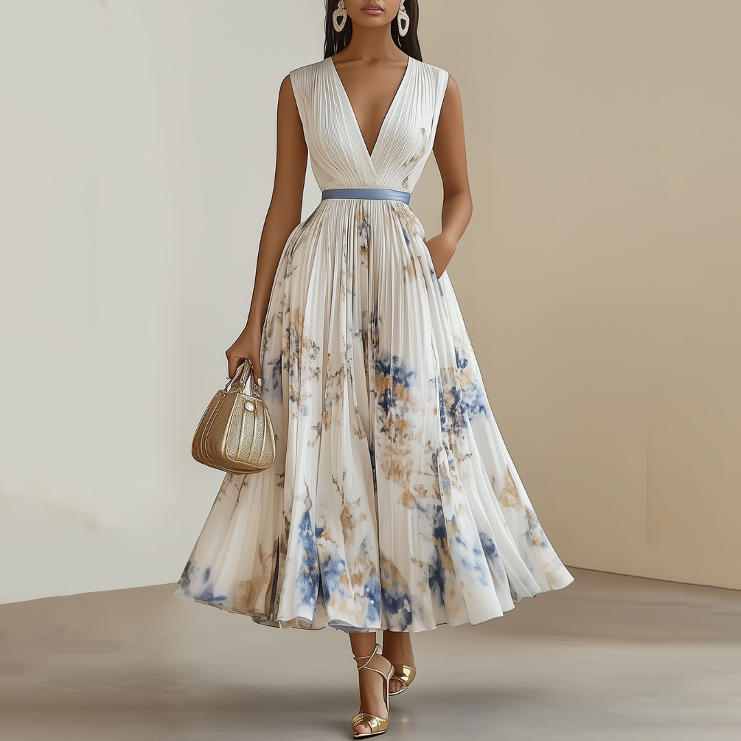 Floral Print Midi Dress for Women - Blue and White Ceremony Dress for Weddings