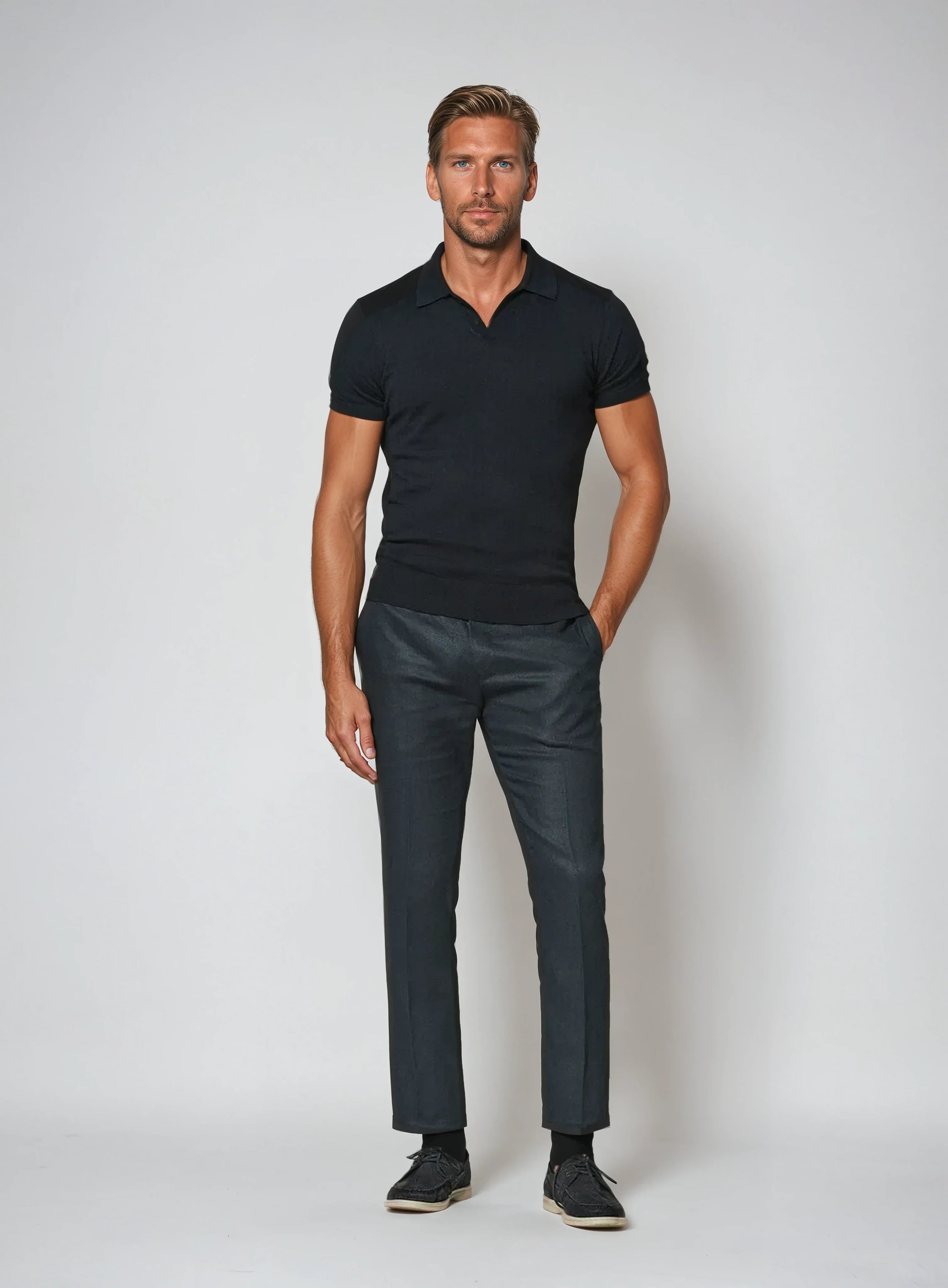 Men's Knitted Polo Shirt - Buttonless Design for Casual Everyday Wear