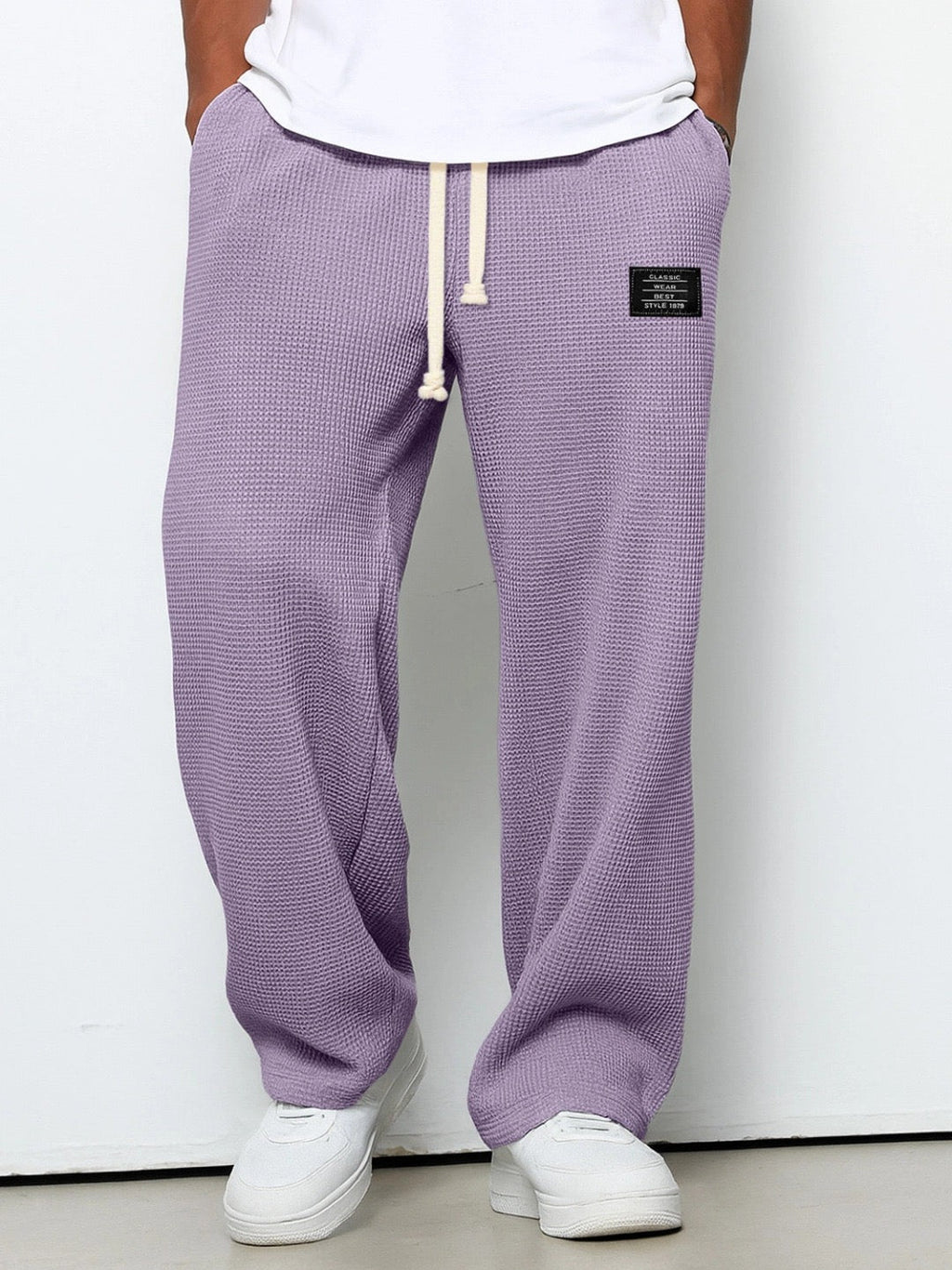 Waffle-Textured Full-Length Pants with Drawstring and Side Pockets for Men