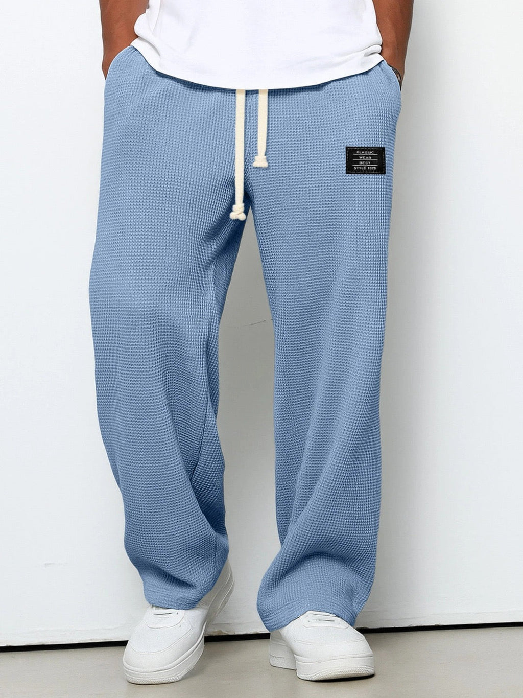 Waffle-Textured Full-Length Pants with Drawstring and Side Pockets for Men