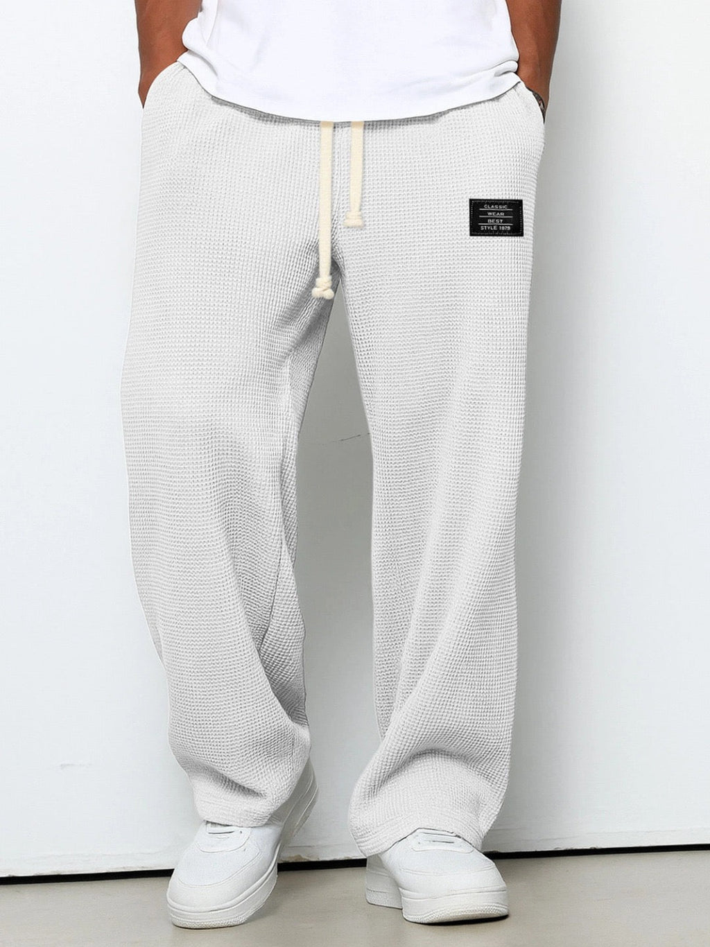 Waffle-Textured Full-Length Pants with Drawstring and Side Pockets for Men
