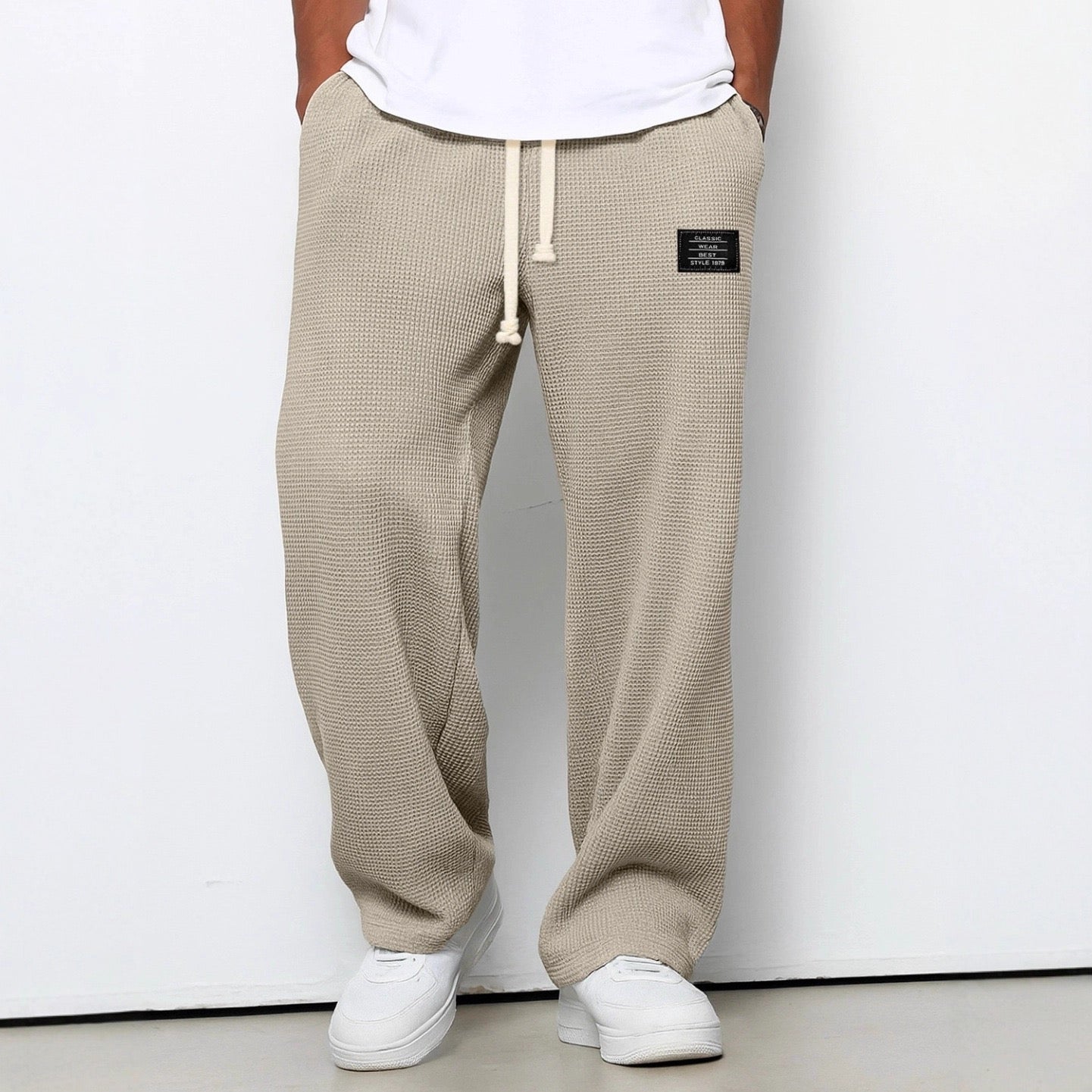 Waffle-Textured Full-Length Pants with Drawstring and Side Pockets for Men