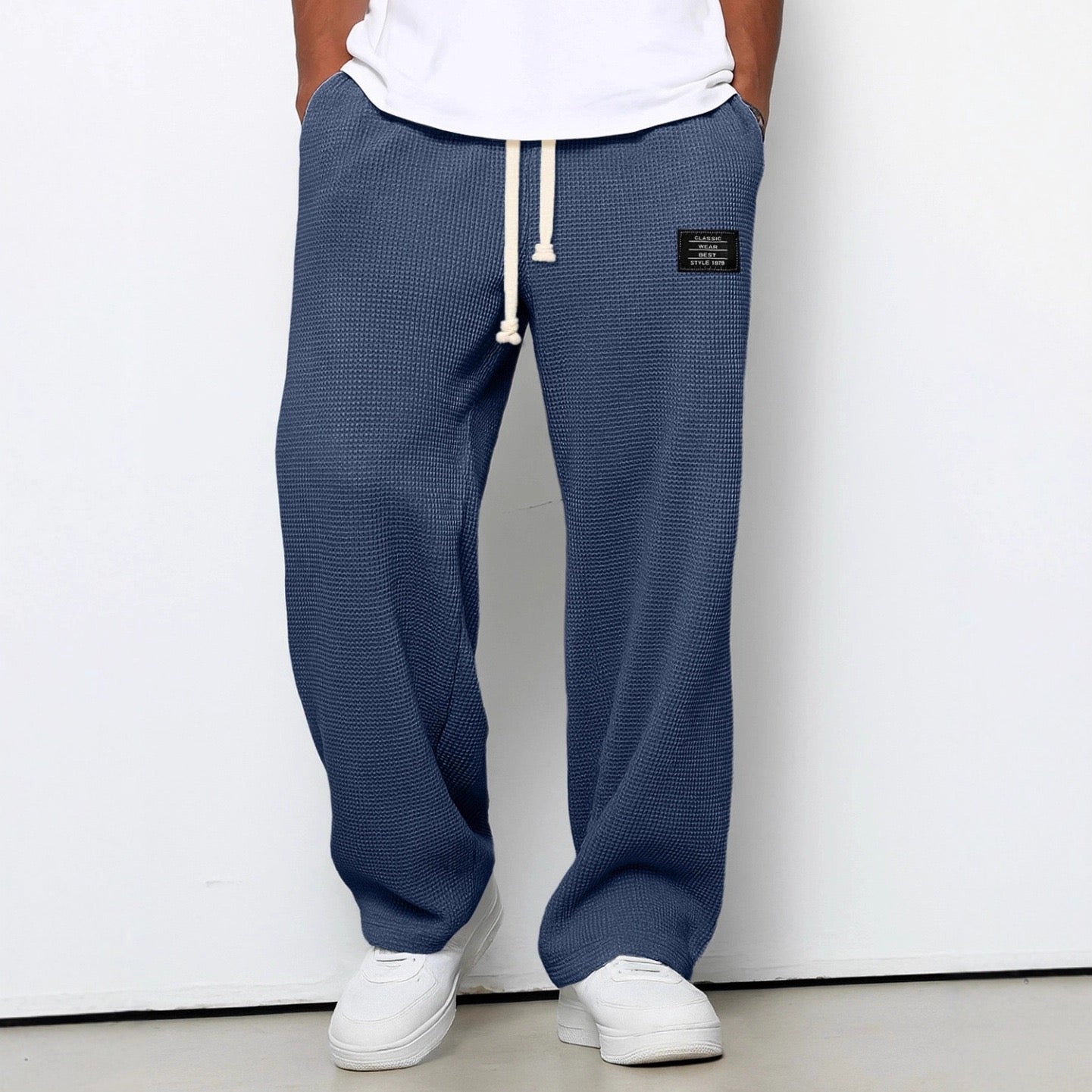Waffle-Textured Full-Length Pants with Drawstring and Side Pockets for Men