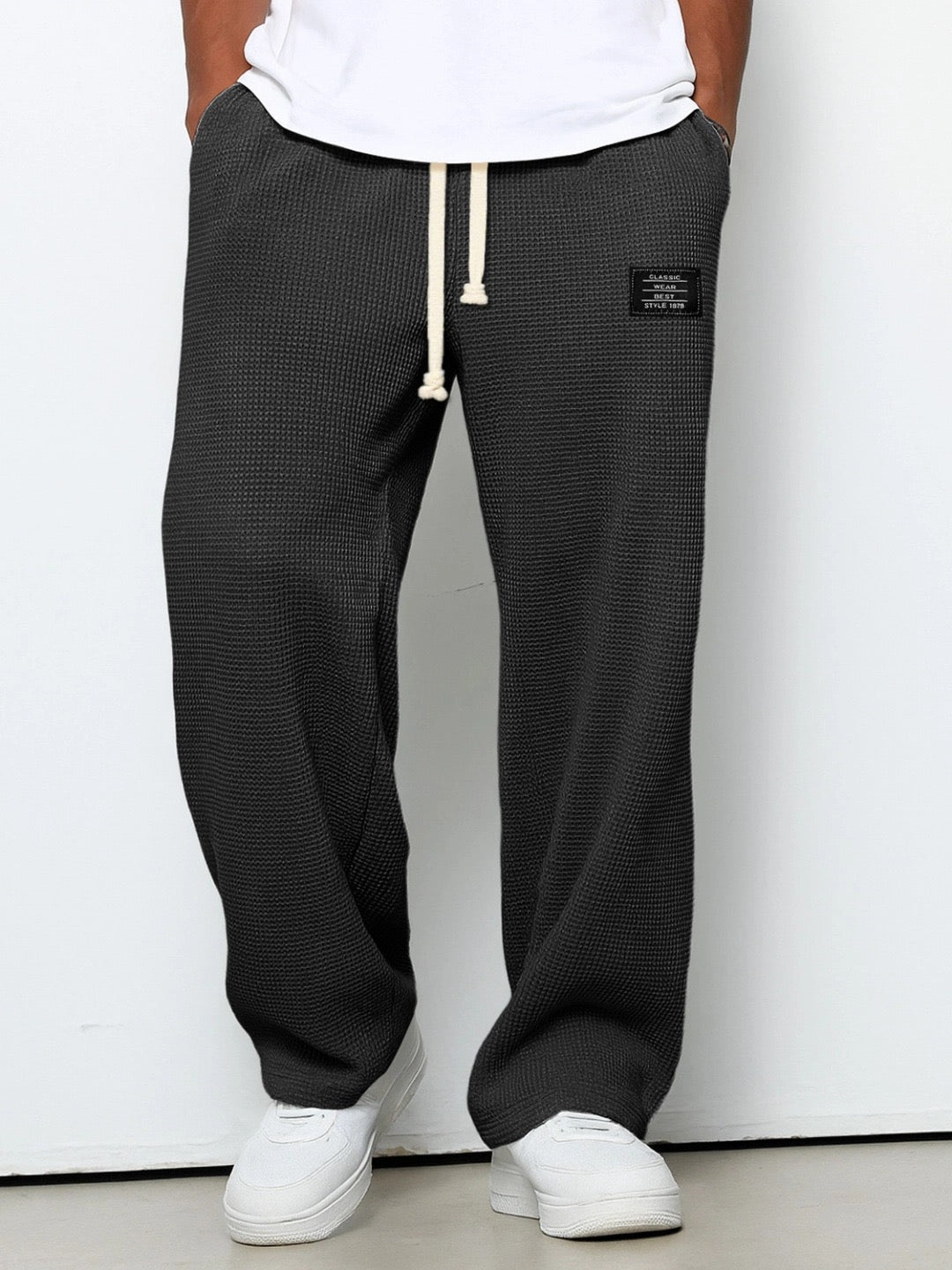 Waffle-Textured Full-Length Pants with Drawstring and Side Pockets for Men