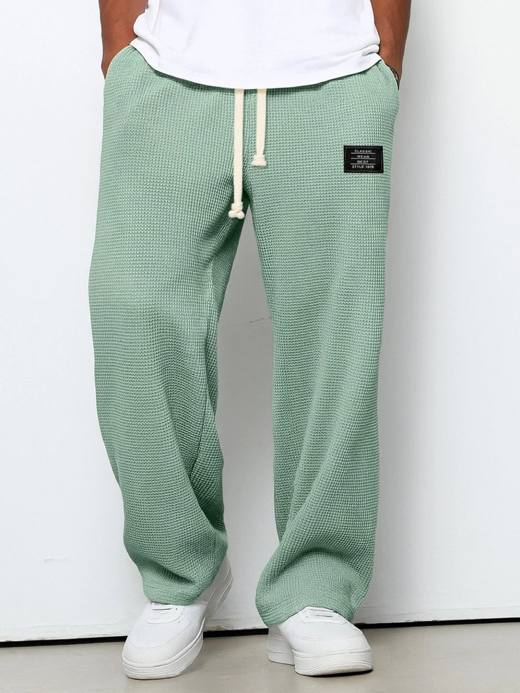 Waffle-Textured Full-Length Pants with Drawstring and Side Pockets for Men