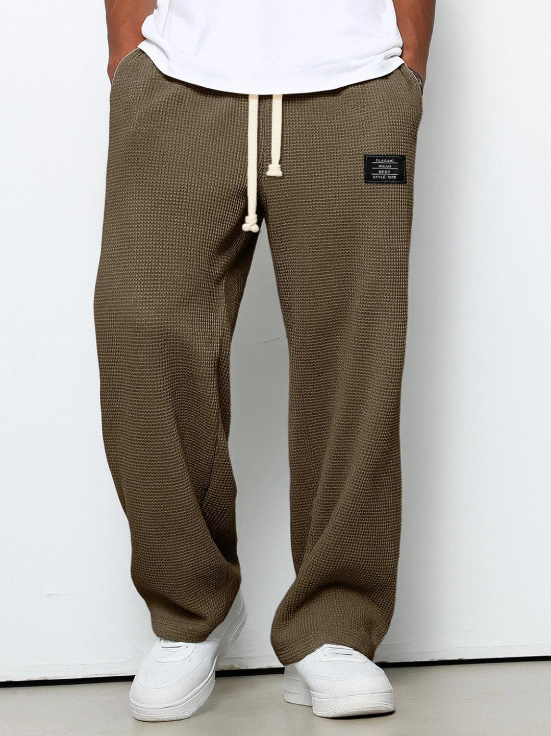 Waffle-Textured Full-Length Pants with Drawstring and Side Pockets for Men