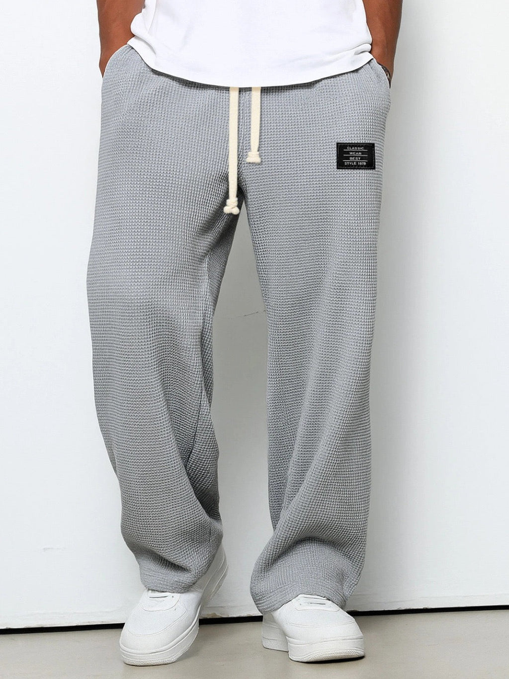 Waffle-Textured Full-Length Pants with Drawstring and Side Pockets for Men