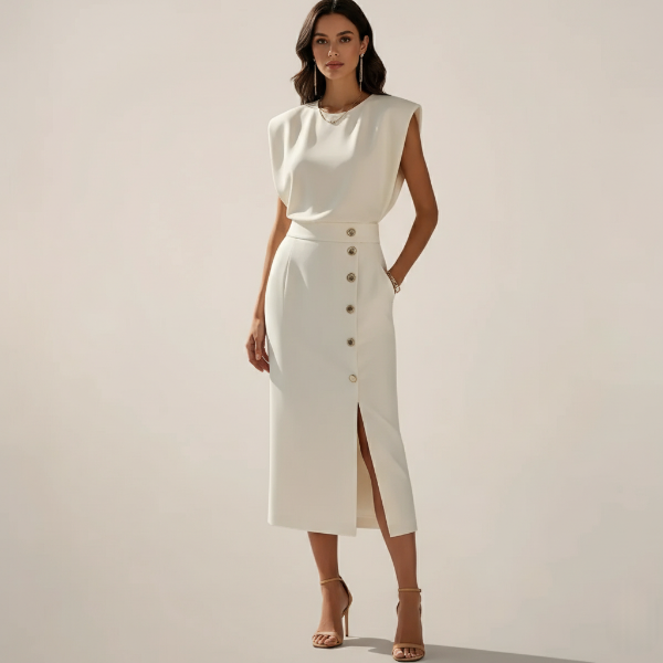 Midi Dress with Button Detail and Side Slit - Casual Elegant Wear for Women