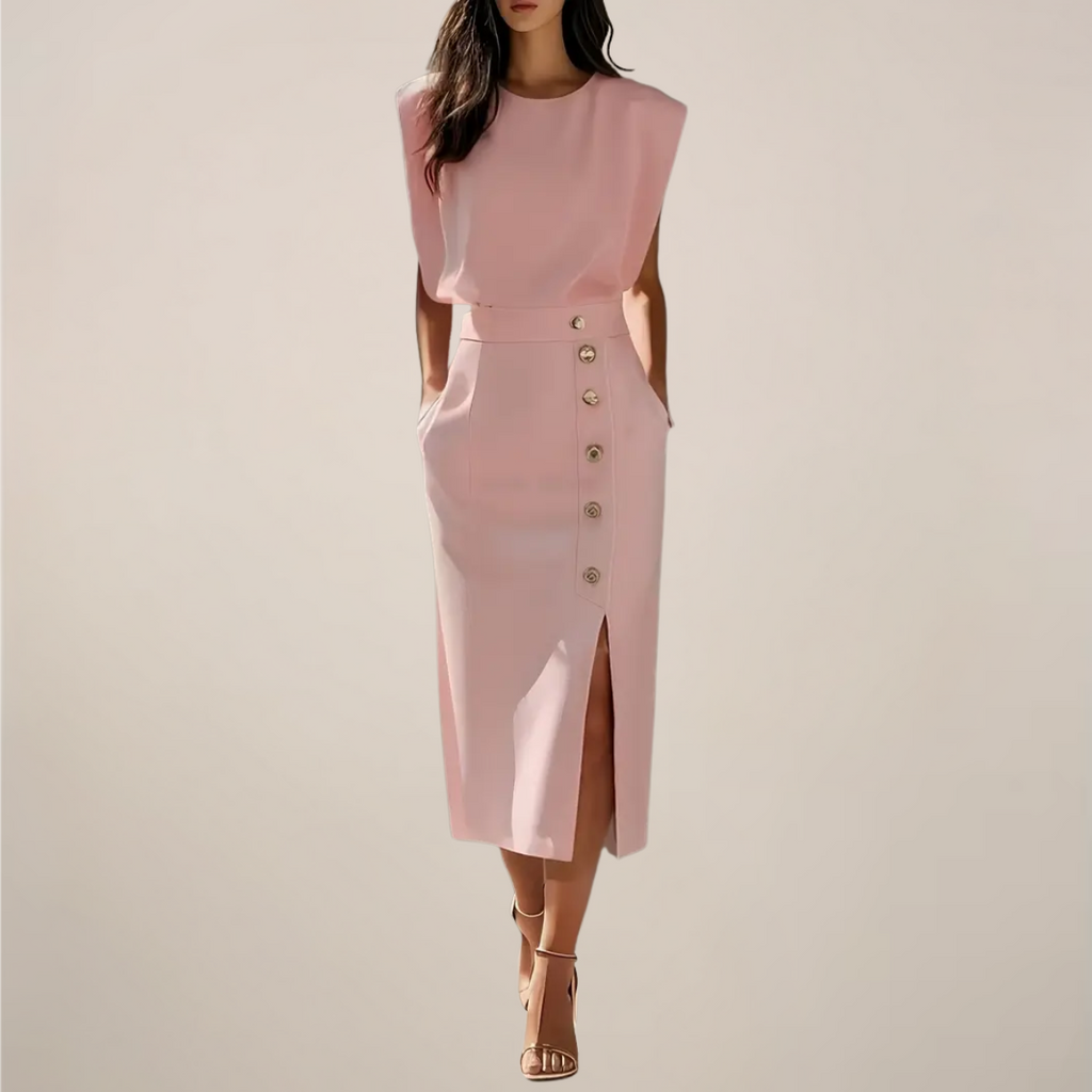 Midi Dress with Button Detail and Side Slit - Casual Elegant Dress for Events