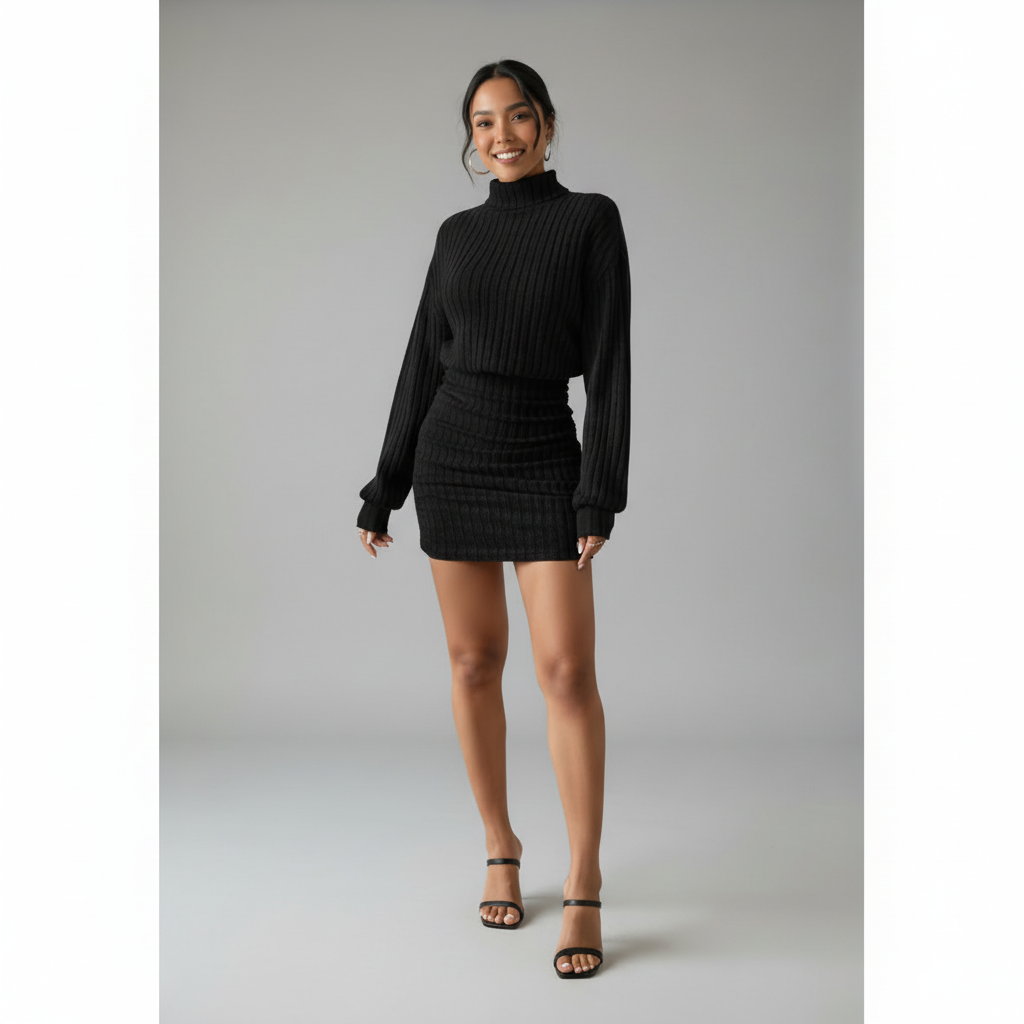 Ribbed Knit Turtleneck Long Sleeve Dress for Casual or Office Wear