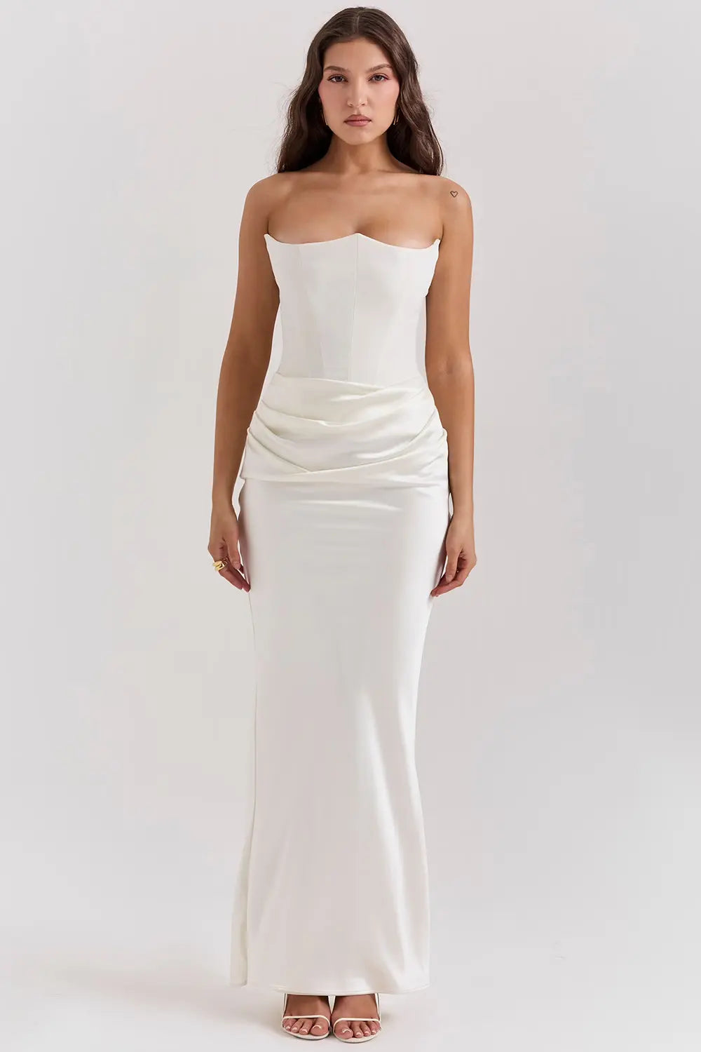 Strapless Maxi Dress in Lightweight Fabric with Gathered Waist for Summer Events
