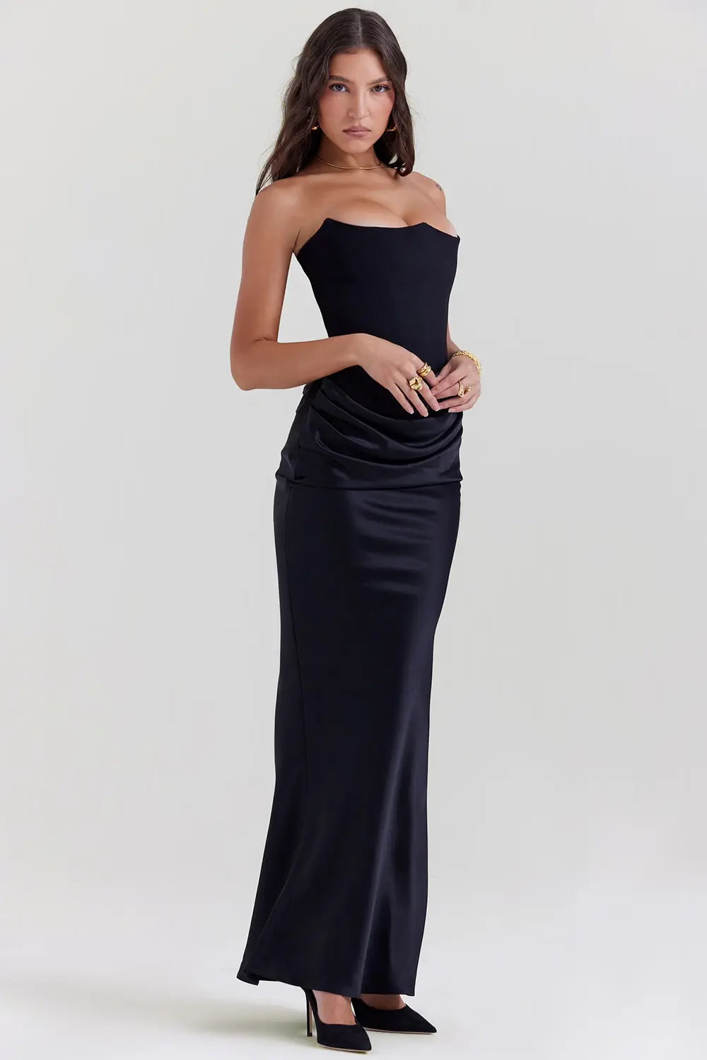 Strapless Maxi Dress in Lightweight Fabric with Gathered Waist for Summer Events