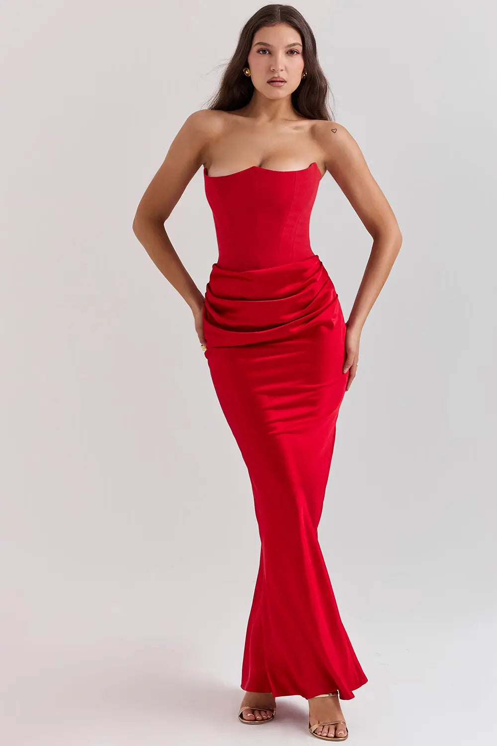 Strapless Maxi Dress in Lightweight Fabric with Gathered Waist for Summer Events