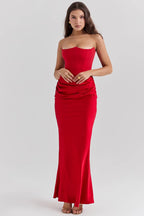 Strapless Maxi Dress in Lightweight Fabric with Gathered Waist for Summer Events