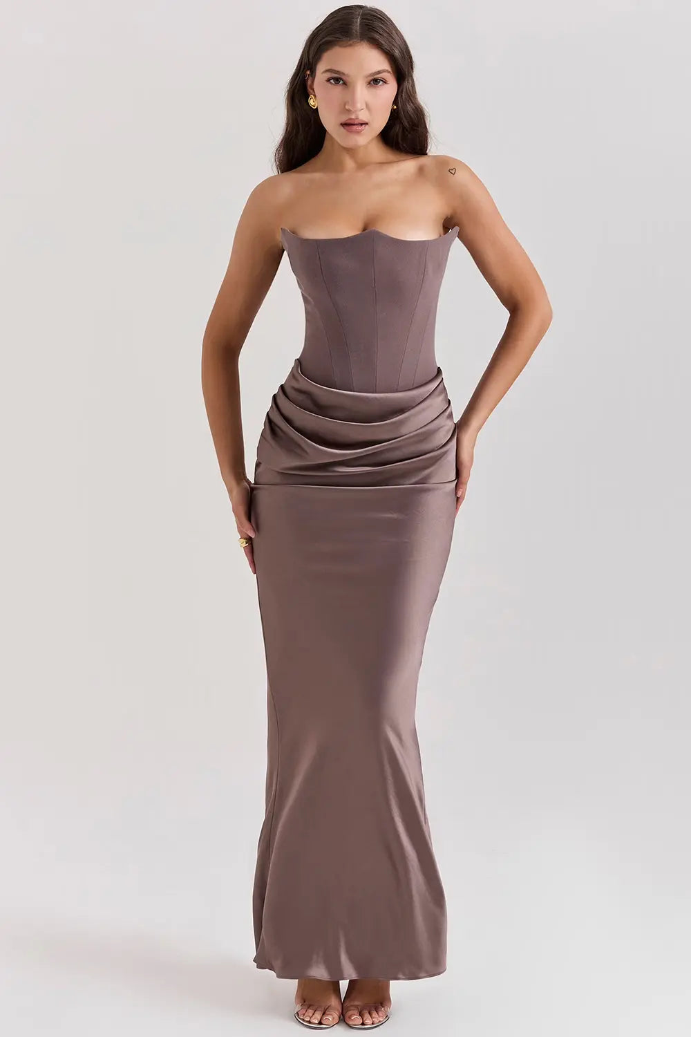 Strapless Maxi Dress in Lightweight Fabric with Gathered Waist for Summer Events