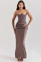 Strapless Maxi Dress in Lightweight Fabric with Gathered Waist for Summer Events