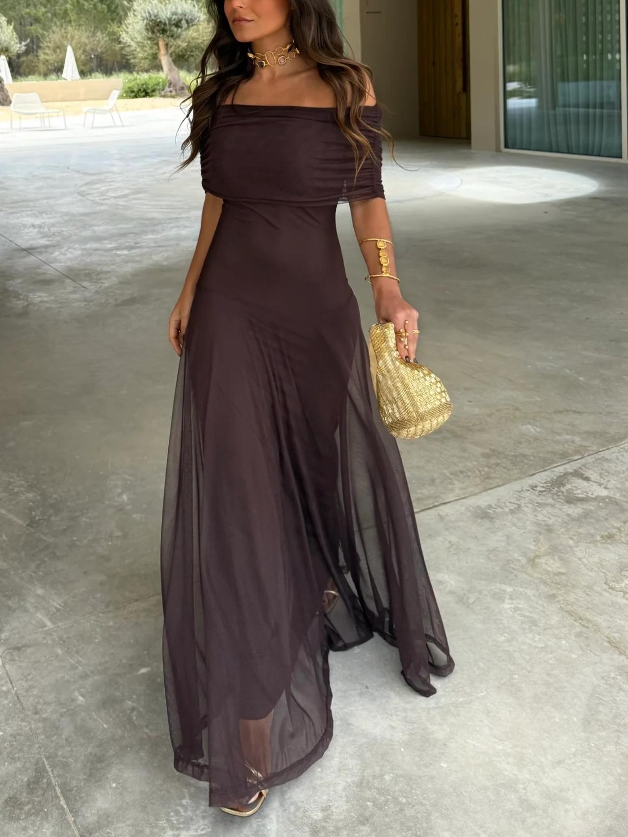 Off Shoulder Chiffon Maxi Dress for Women - Elegant Evening Gown for Events