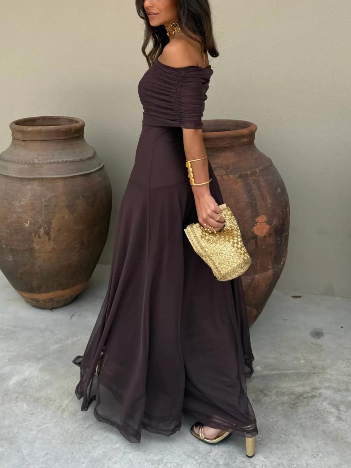 Off Shoulder Chiffon Maxi Dress for Women - Elegant Evening Gown for Events
