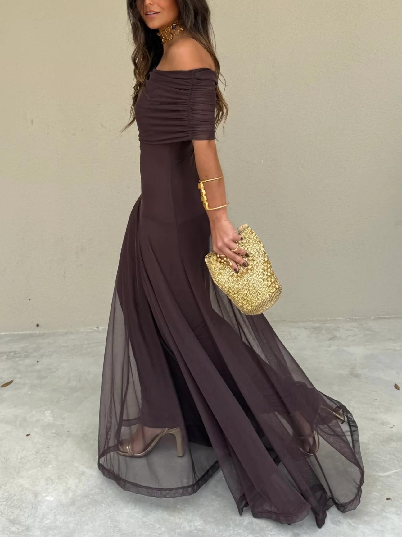 Off Shoulder Chiffon Maxi Dress for Women - Elegant Evening Gown for Events