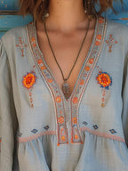 V-Neck Embroidered Women's Blouse - Long Sleeve Casual Top for Everyday Wear