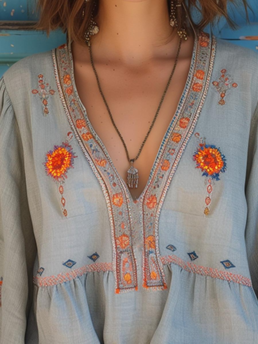 V-Neck Embroidered Women's Blouse - Long Sleeve Casual Top for Everyday Wear