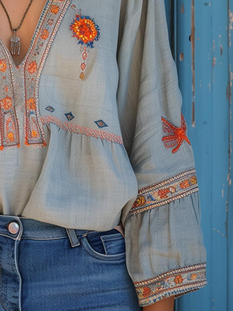 V-Neck Embroidered Women's Blouse - Long Sleeve Casual Top for Everyday Wear