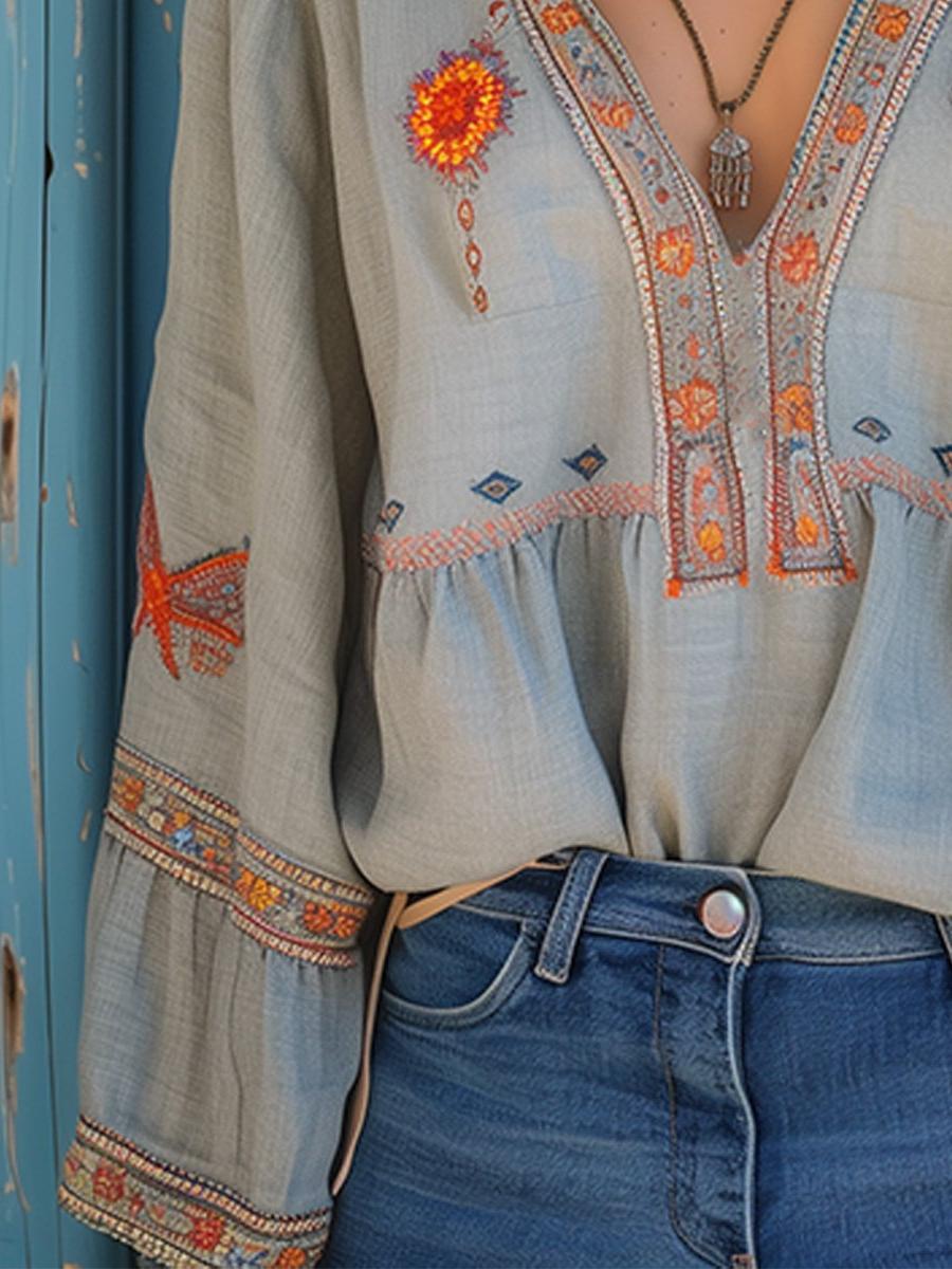 V-Neck Embroidered Women's Blouse - Long Sleeve Casual Top for Everyday Wear