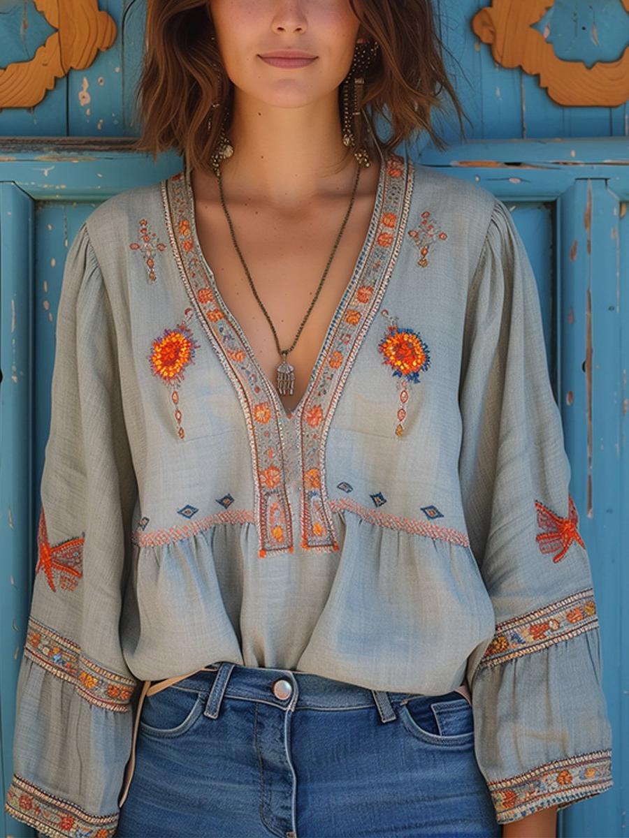 V-Neck Embroidered Women's Blouse - Long Sleeve Casual Top for Everyday Wear