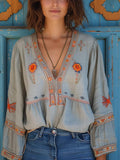 V-Neck Embroidered Women's Blouse - Long Sleeve Casual Top for Everyday Wear