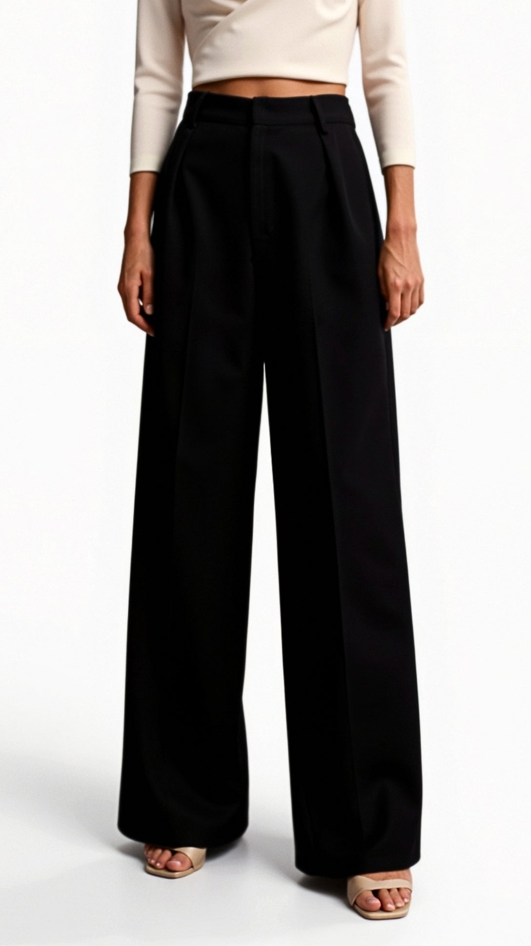 Wide-Leg High Waist Trousers for Women with Pleats and Pockets - Casual/Office Wear