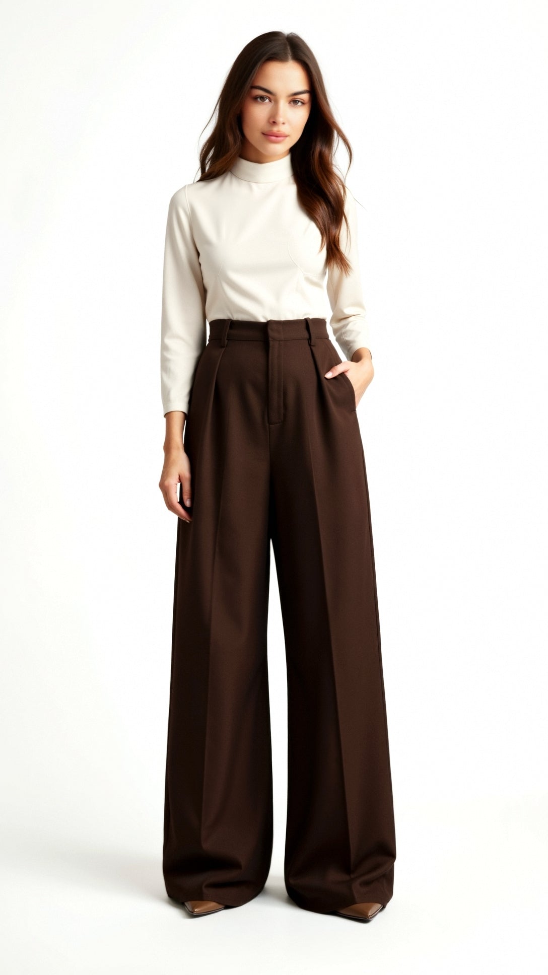 Wide-Leg High Waist Trousers for Women with Pleats and Pockets - Casual/Office Wear