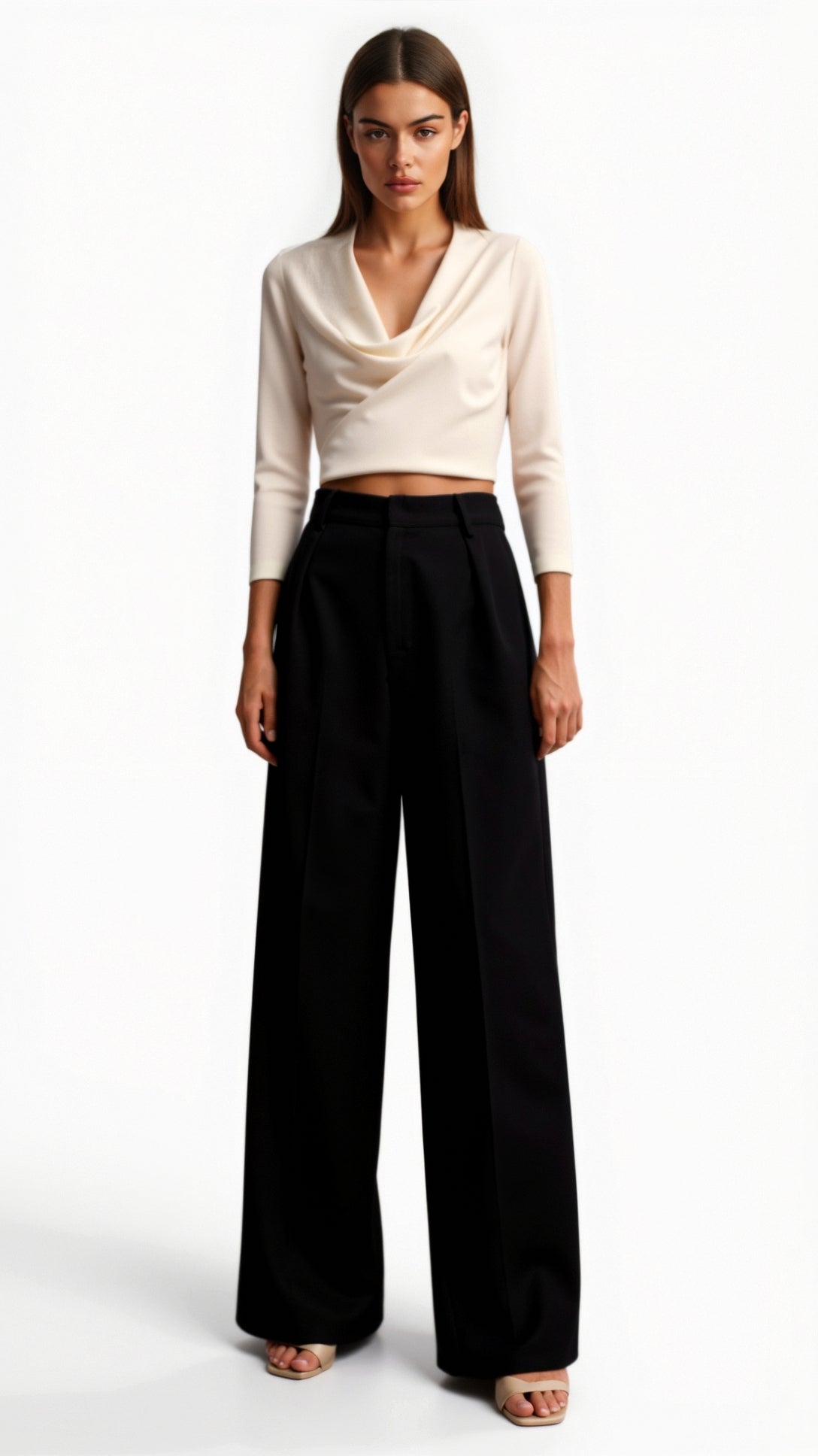 Wide-Leg High Waist Trousers for Women with Pleats and Pockets - Casual/Office Wear