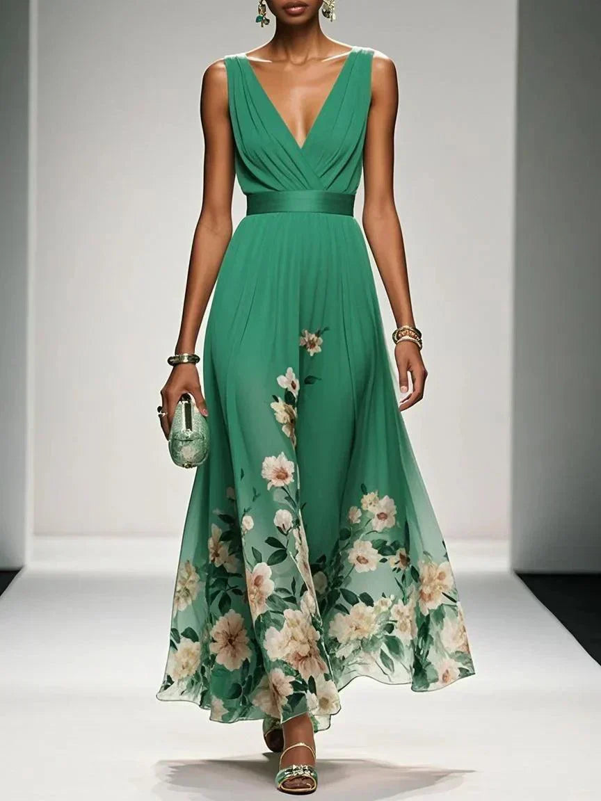 Floral Maxi Dress for Women - Sleeveless V-Neck with Wide Straps - Summer Casual Wear
