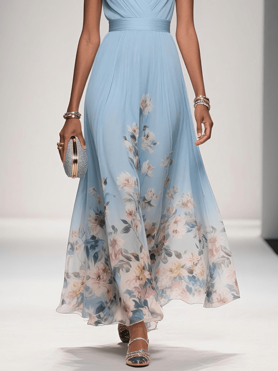 Floral Maxi Dress for Women - Sleeveless V-Neck with Wide Straps - Summer Casual Wear