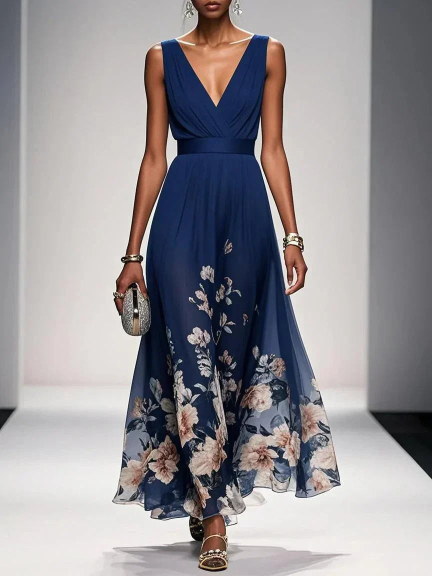 Floral Maxi Dress for Women - Sleeveless V-Neck with Wide Straps - Summer Casual Wear