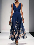 Floral Maxi Dress for Women - Sleeveless V-Neck with Wide Straps - Summer Casual Wear