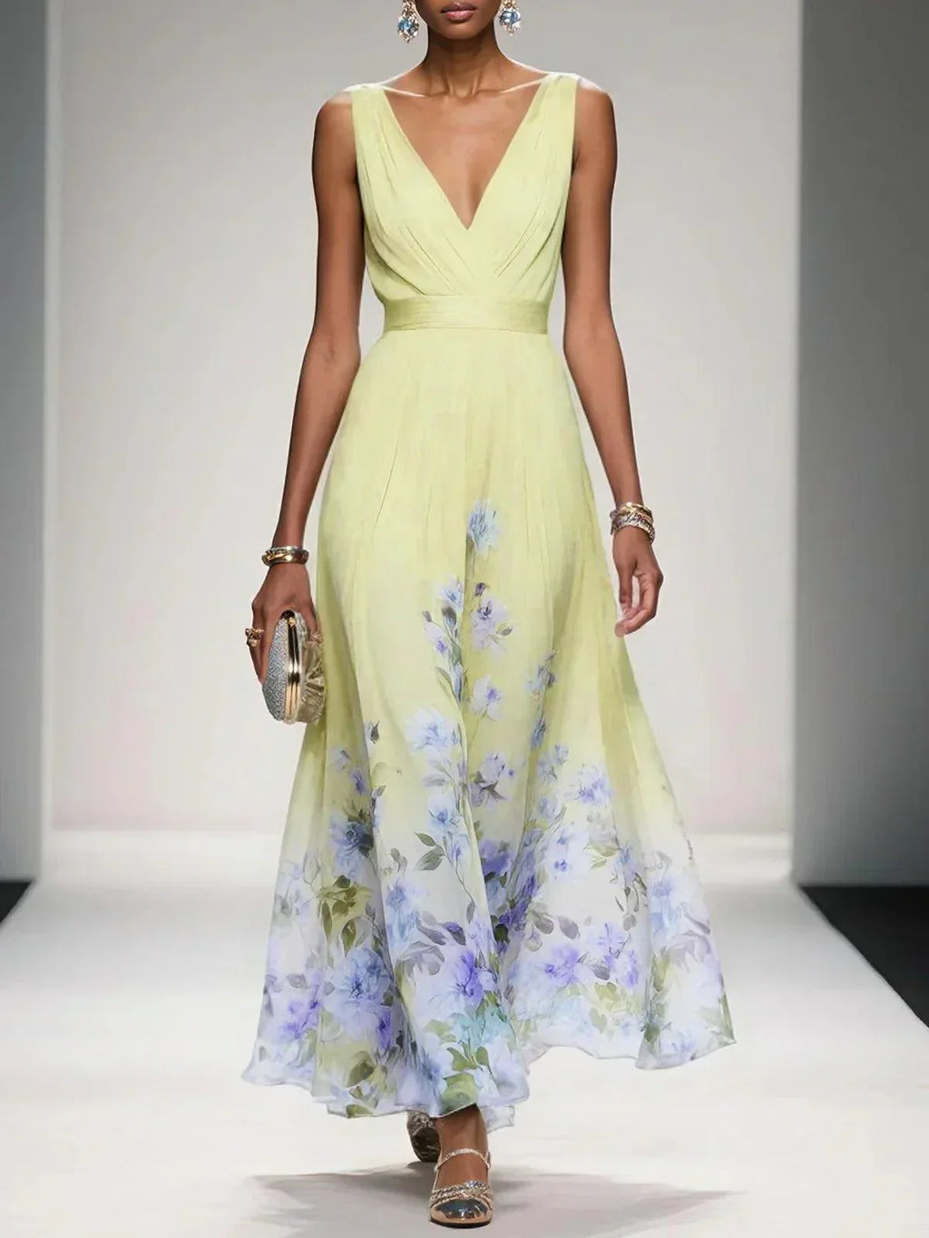 Floral Maxi Dress for Women - Sleeveless V-Neck with Wide Straps - Summer Casual Wear