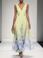 Floral Maxi Dress for Women - Sleeveless V-Neck with Wide Straps - Summer Casual Wear