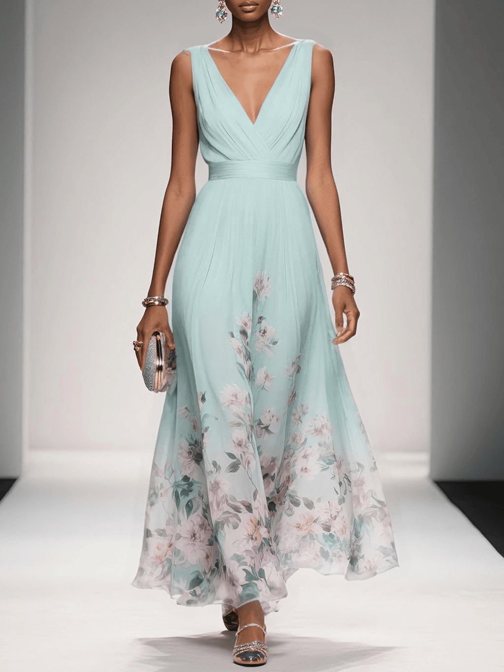 Floral Maxi Dress for Women - Sleeveless V-Neck with Wide Straps - Summer Casual Wear