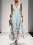 Floral Maxi Dress for Women - Sleeveless V-Neck with Wide Straps - Summer Casual Wear
