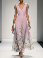 Floral Maxi Dress for Women - Sleeveless V-Neck with Wide Straps - Summer Casual Wear