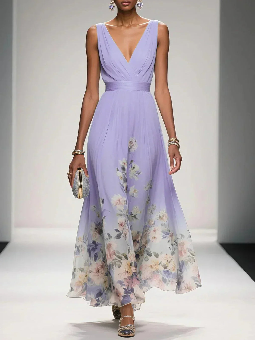 Floral Maxi Dress for Women - Sleeveless V-Neck with Wide Straps - Summer Casual Wear