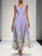 Floral Maxi Dress for Women - Sleeveless V-Neck with Wide Straps - Summer Casual Wear
