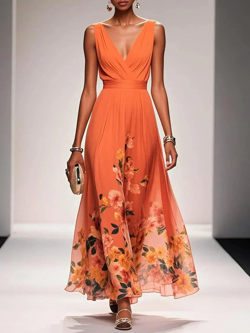 Floral Maxi Dress for Women - Sleeveless V-Neck with Wide Straps - Summer Casual Wear