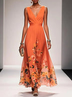 Floral Maxi Dress for Women - Sleeveless V-Neck with Wide Straps - Summer Casual Wear