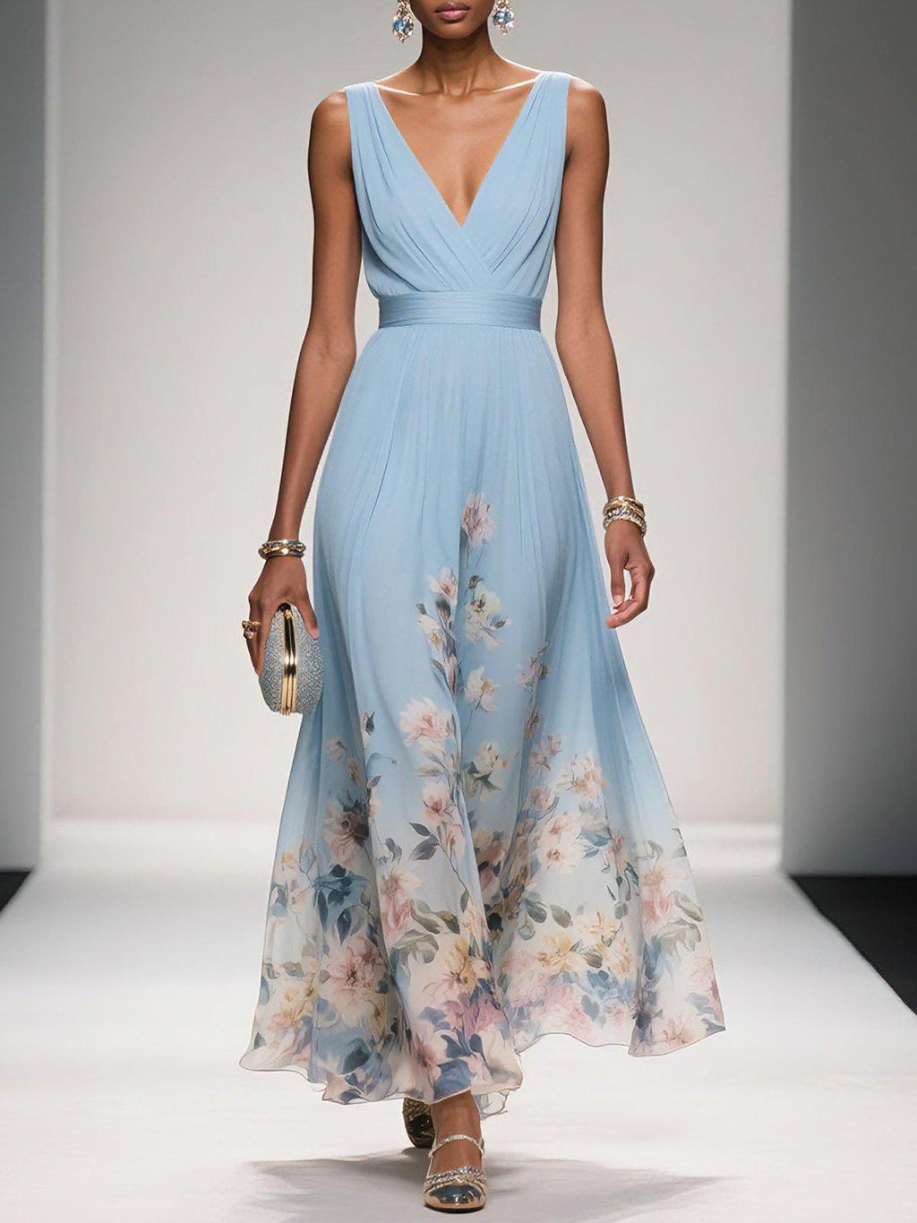 Floral Maxi Dress for Women - Sleeveless V-Neck with Wide Straps - Summer Casual Wear
