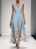 Floral Maxi Dress for Women - Sleeveless V-Neck with Wide Straps - Summer Casual Wear