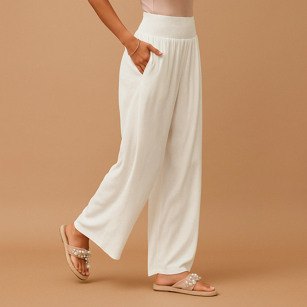 Linen Women's Trousers - Elastic Waist, Straight Leg for Casual Wear