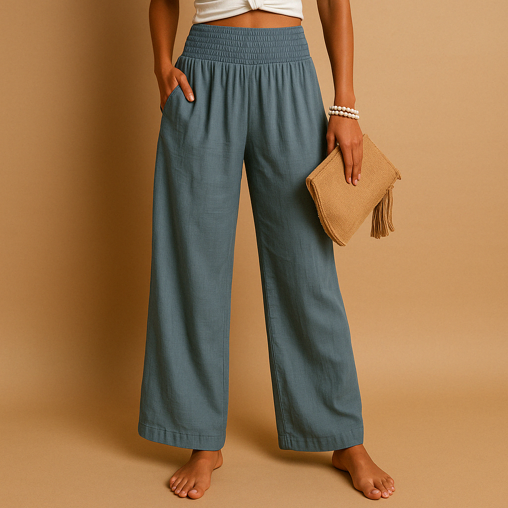 Linen Women's Trousers - Elastic Waist, Straight Leg for Casual Wear